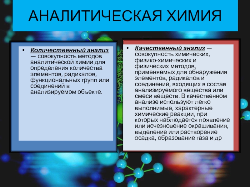 Методы количественного анализа в аналитической химии. Качественный и количественный анализ в аналитической химии. Качественный анализ веществ методы качественного анализа. Методы качественного и количественного анализа в химии.