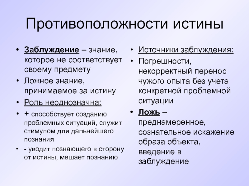 Истина знание соответствующее познаваемого предмета. Противоположность истины. Ложь и заблуждение в философии. Соотношение истины и заблуждения в философии. Истина и заблуждение презентация.