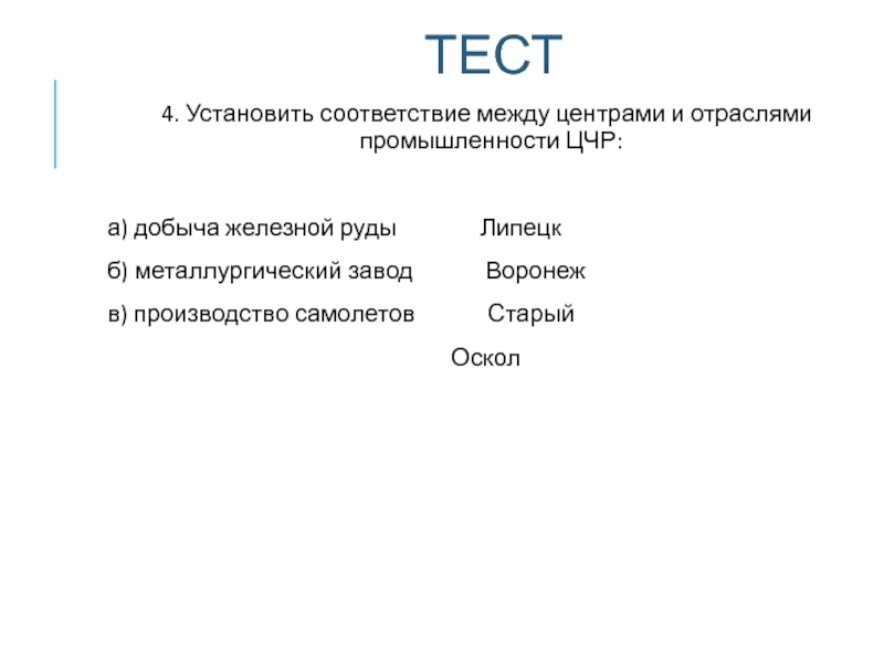 ТЕСТ 4. Установить соответствие между центрами и отраслями  промышленности ЦЧР: