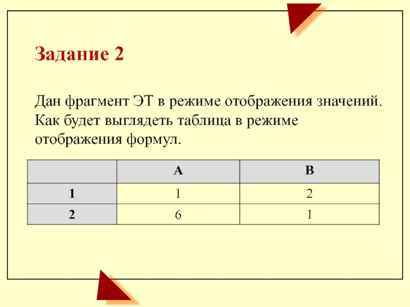 Таблица в режиме отображения значений