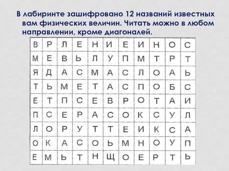 В любом направлении. Лабиринт физические величины. В лабиринте зашифровано 12 названий физических величин. Зашифрованные лабиринты со словами. Зашифрованные физические величины.