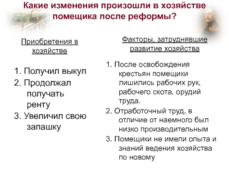 Как изменилась жизнь помещика. Изменения в хозяйстве. Изменения в хозяйстве помещика преимущества и потери. Изменения в хозяйстве помещиков. Преимущества в хозяйстве помещика.