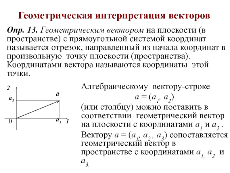 Геометрическая интерпретация векторов Опр. 13. Геометрическим вектором на плоскости (в пространстве) с