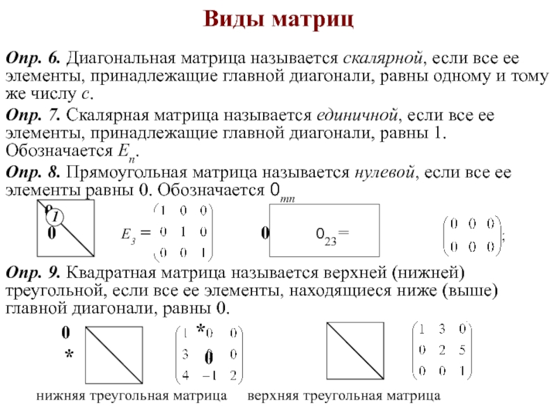Виды матриц Опр. 6. Диагональная матрица называется скалярной, если все ее элементы,