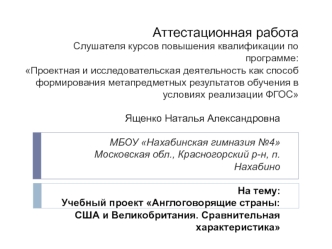 Аттестационная работа. Учебный проект. Англоговорящие страны. США и Великобритания. Сравнительная характеристика