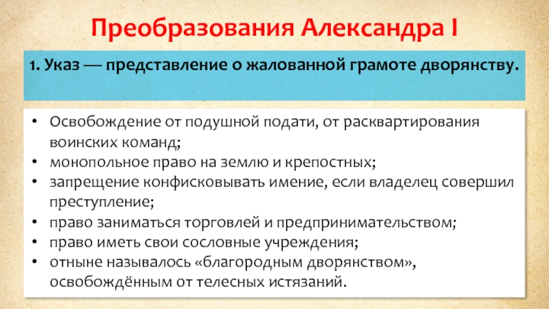 Освобождение от податей. Первые указы Александра 1. Реформы Александра 1. Реформы дворянства Александра 1. Преобразования Александра 1.