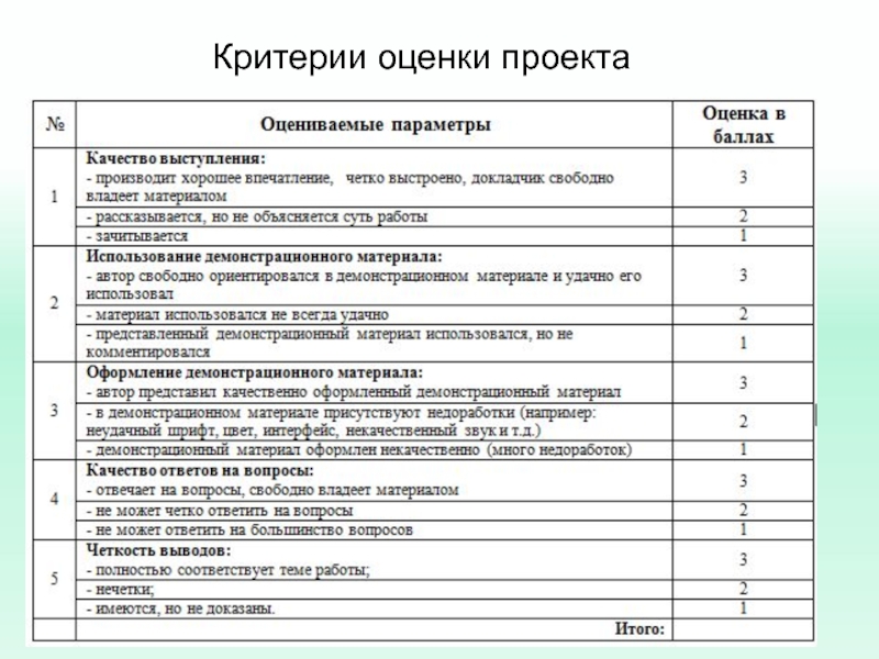 Критерии оценки проекта