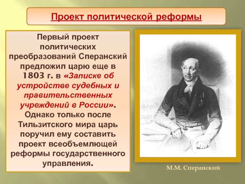 М м сперанский предложил проект. 1803 Сперанский. Первый проект политических преобразований. Реформы Сперанского. План государственного преобразования Сперанского.