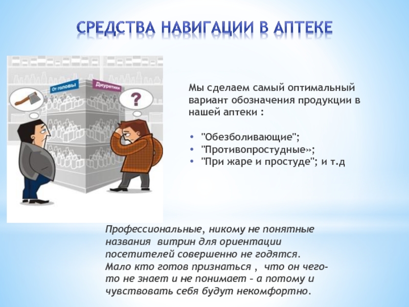 Профессиональные, никому не понятные названия витрин для ориентации посетителей совершенно не годятся. Мало кто готов признаться ,