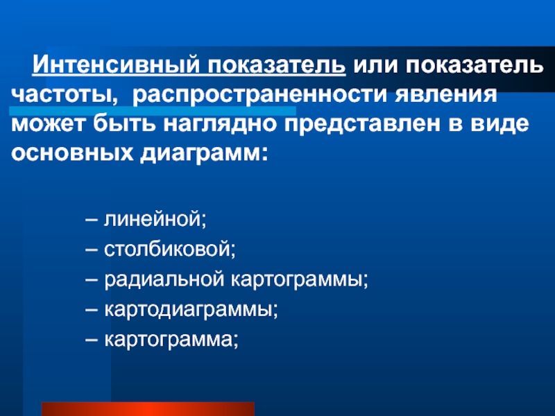 Интенсивный показатель. Виды интенсивных показателей. Интенсивный показатель может быть представлен:. Интенсивные показатели могут быть наглядно представлены в виде:.