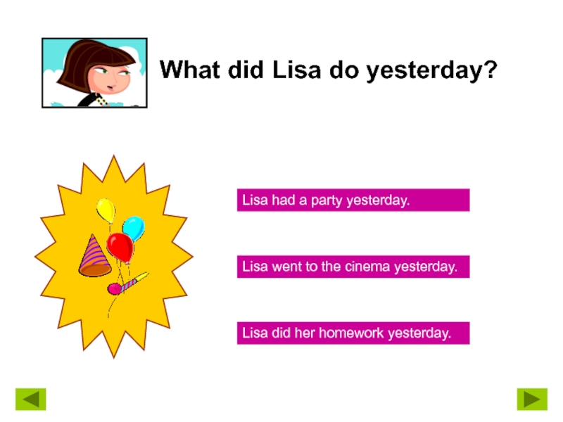 We went to the Cinema yesterday. Her homework herself Lisa did составить предложение. Did you like the Party yesterday. Lisa had.