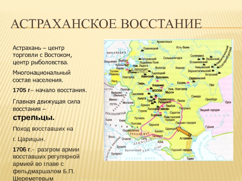 АСТРАХАНСКОЕ ВОССТАНИЕ Астрахань – центр торговли с Востоком, центр рыболовства. Многонациональный состав