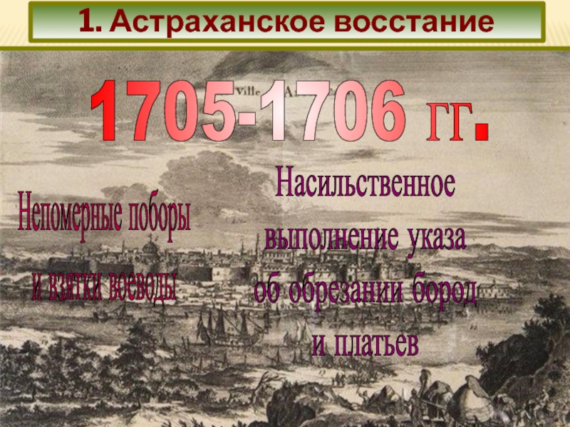 1. Астраханское восстание 1705-1706 гг. Непомерные поборы
 и взятки воеводы Насильственное
 выполнение