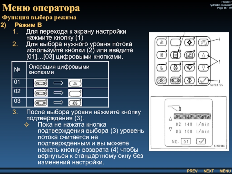 Меню оператора
 Функция выбора режима Режим В Для перехода к экрану настройки