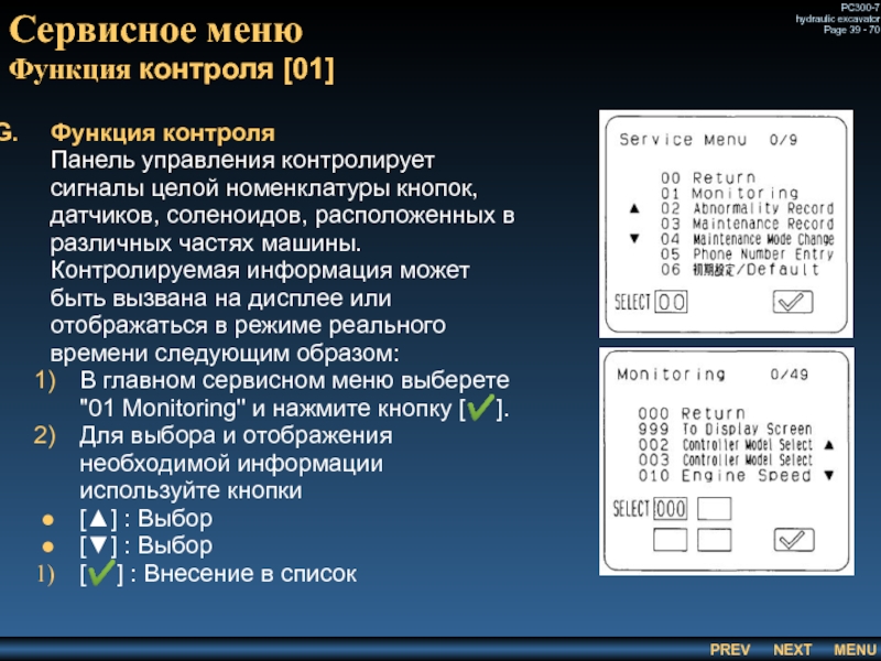 Сервисное меню
 Функция контроля [01] Функция контроля 	 	Панель управления контролирует сигналы