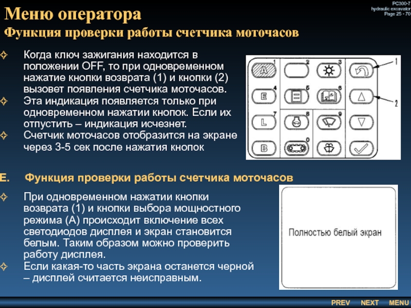 Меню оператора
 Функция проверки работы счетчика моточасов Когда ключ зажигания находится в