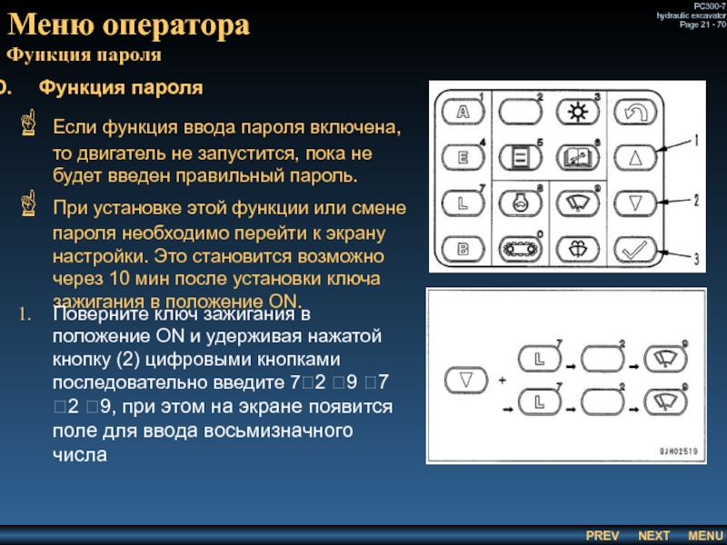 Меню оператора
 Функция пароля Если функция ввода пароля включена, то двигатель не