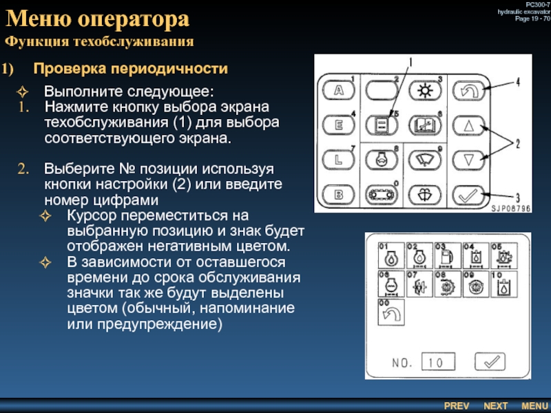 Меню оператора
 Функция техобслуживания Проверка периодичности Выполните следующее: Нажмите кнопку выбора экрана