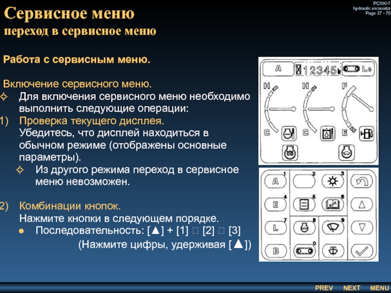 Сервисное меню
 переход в сервисное меню Работа с сервисным меню.  Включение