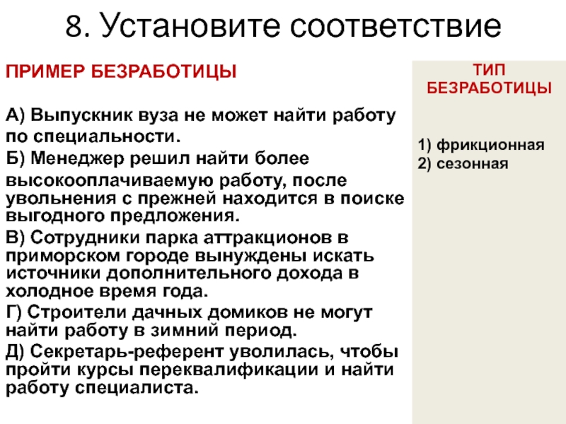 Установите соответствие между видами безработицы. Выпускник вуза ищущий работу безработный?. Не может найти работу по специальности какая безработица. Поиск работы после вуза вид безработицы. Увольнение работника вид безработицы.