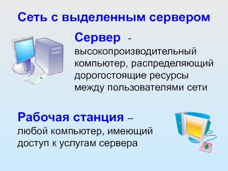 Сеть с выделенным сервером Сервер - высокопроизводительный компьютер, распределяющий дорогостоящие ресурсы между