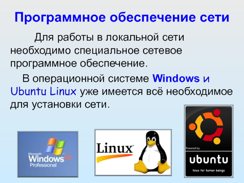 Программное обеспечение сети Для работы в локальной сети необходимо