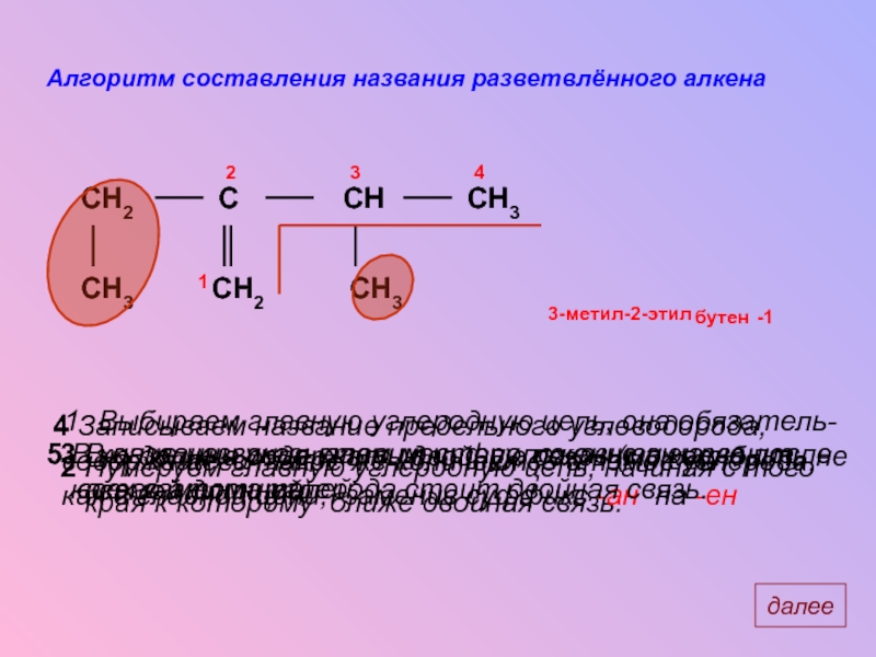 Разветвленный алкен. Алгоритм составления названий алкенов. Алкены разветвленного строения. Составьте алгоритм действия для составления названия алкенов.