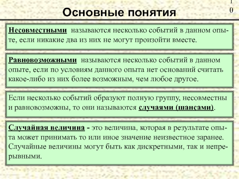 Введение в события. Несколько событий называются несовместными если. Несколько событий в данном опыте называются равновозможными. Несколько событий в данном опыте называются несовместными, если …. Если в данном опыте никакие два события не могут произойти.