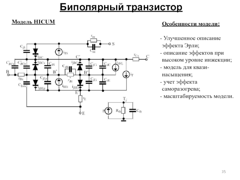 Биполярный транзисторМодель HICUMОсобенности модели: Улучшенное описание эффекта Эрли; описание эффектов при