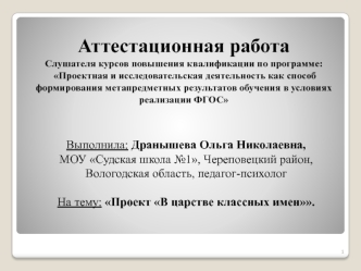 Аттестационная работа. Проект В царстве классных имен. Оформление листа портфолио Мое имя