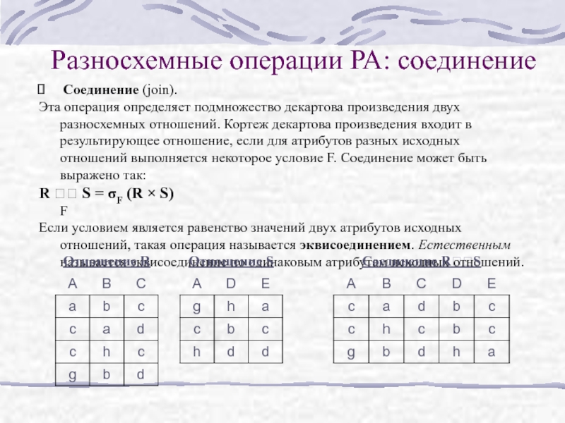 Определить операция. Операция соединения в реляционной алгебре. Операции реляционной алгебры декартово произведение. Реляционная операция соединения join. Операция декартово произведение БД.