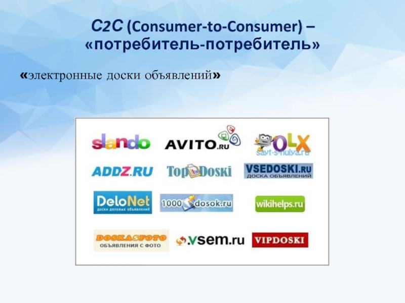 С2С (Consumer-to-Consumer) – «потребитель-потребитель» «электронные доски объявлений»