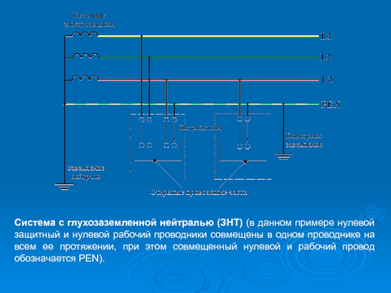 Нулевой рабочий проводник в трехфазных схемах обозначается