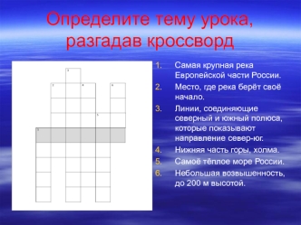 Определите тему урока, разгадав кроссворд