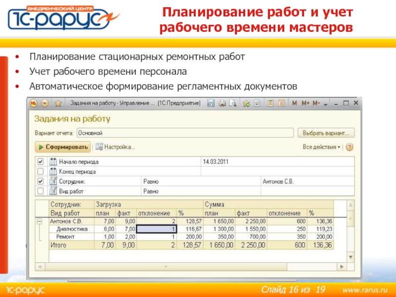Планирование работ и учет 
 рабочего времени мастеров Планирование стационарных ремонтных работ