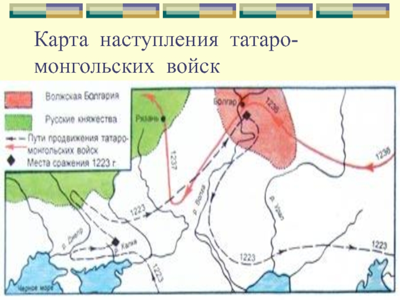 Цифрой 5 на схеме обозначен город возле которого произошло сражение владимирского войска с монголами