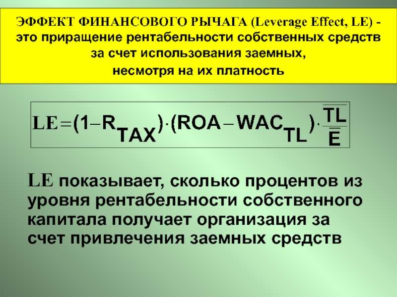 ЭФФЕКТ ФИНАНСОВОГО РЫЧАГА (Leverage Effect, LE) - 
 это приращение рентабельности собственных средств
 за счет использования заемных,