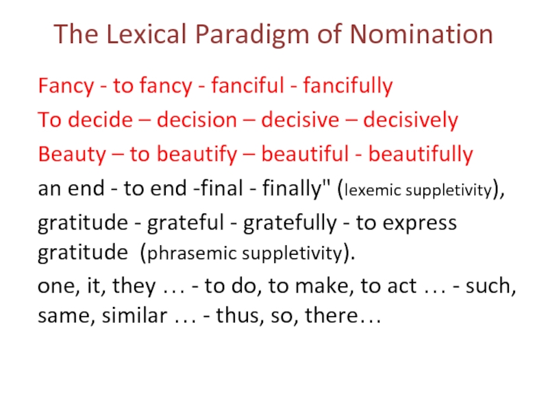 The Lexical Paradigm of Nomination  Fancy - to fancy - fanciful