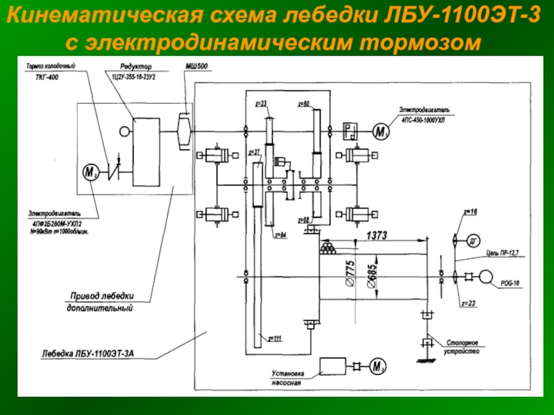 Кинематическая схема лебедки ЛБУ-1100ЭТ-3 с электродинамическим тормозом