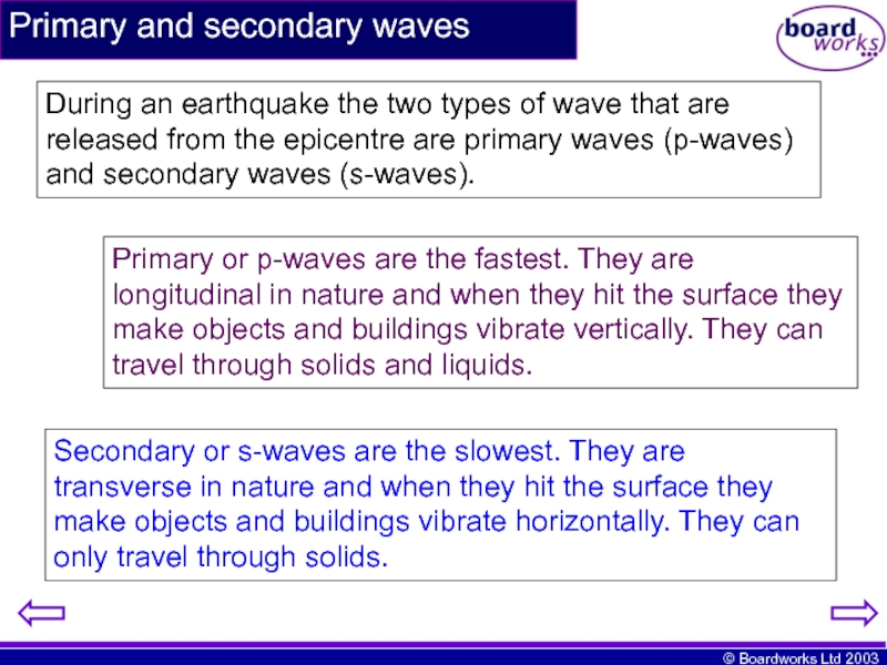 Primary and secondary wavesDuring an earthquake the two types of wave