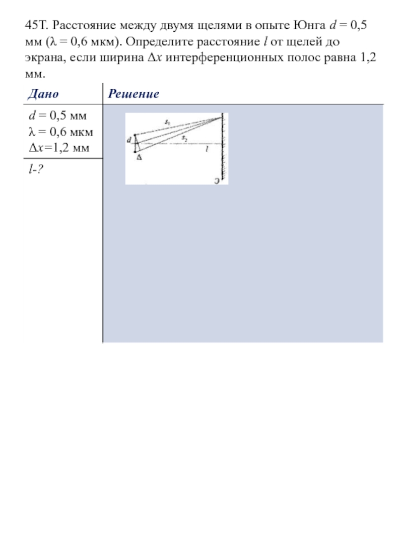 Ширина полос в опыте юнга. Расстояние между l = 0,6 мкм ширина 1,2мм. Расстояние от экрана до щели. Расстояние между двумя щелями в опыте Юнга.