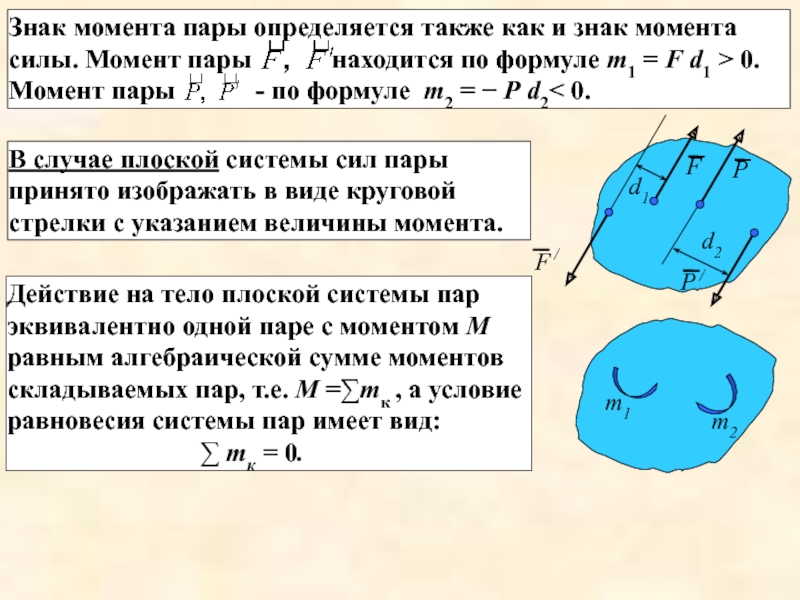 Приведение системы сил к центру. Обозначение момента пары сил. Определение знака момента силы. Как определяется знак момента пары сил.