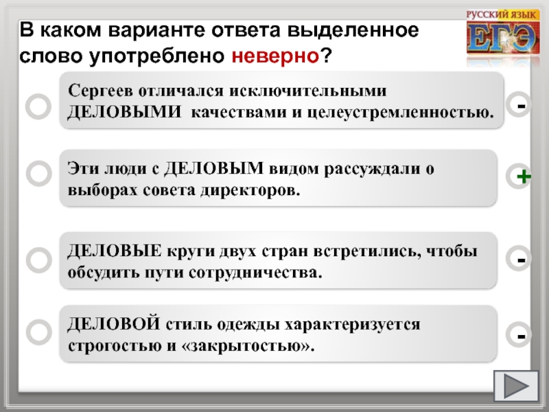 Предоставь варианты ответа. В каком варианте ответа выделенное слово употреблено неверно. Варианты ответа. Люди с деловым видом рассуждали о выборах. В каком варианте ответа выделенное слово выделено неверно.