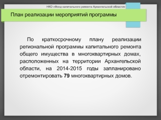 План реализации мероприятий программы капительного ремонта в Архангельской области