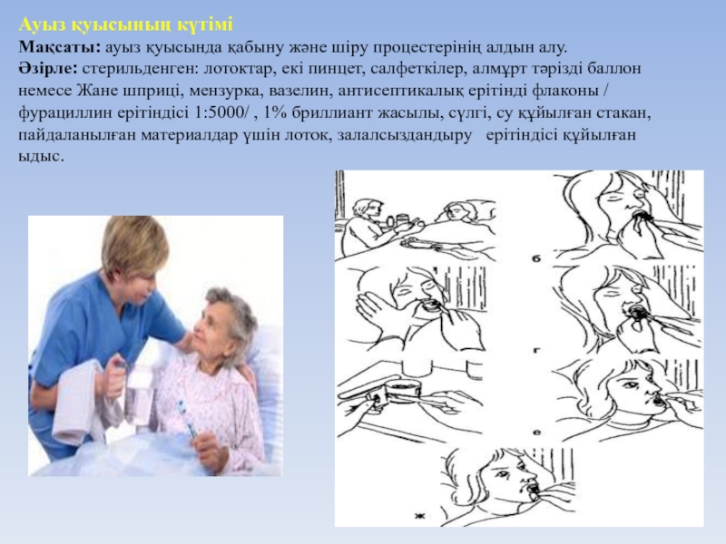 Ауызға алу. Закапывание капель в уши алгоритм детям. Шіру процесі. Нашар халдегі наукас кутими. Чойшаб гигиенаси.