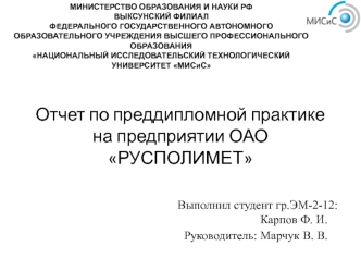 Отчет по преддипломной практике на предприятии ОАО РУСПОЛИМЕТ