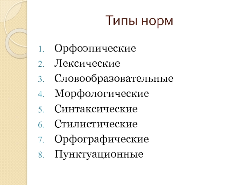 Типы нормОрфоэпическиеЛексическиеСловообразовательныеМорфологическиеСинтаксическиеСтилистическиеОрфографическиеПунктуационные