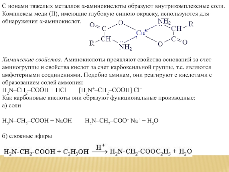 Из двух аминокислот образуется. Аминокислоты с ионами тяжелых металлов. Комплексы с медью реакции на аминокислоты. Комплексы аминокислот с металлами. Химические свойства аминокислот.