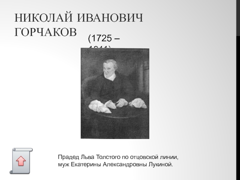 НИКОЛАЙ ИВАНОВИЧ ГОРЧАКОВ (1725 – 1811) Прадед Льва Толстого по отцовской линии, муж Екатерины Александровны Лукиной.