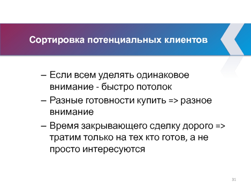 Сортировка потенциальных клиентов Если всем уделять одинаковое внимание - быстро потолок Разные готовности купить =>